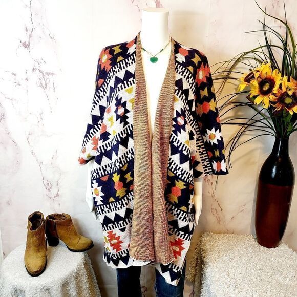 Wild Pearl 100% cotton Southwestern pattern kimono cardigan - Picture 3 of 7